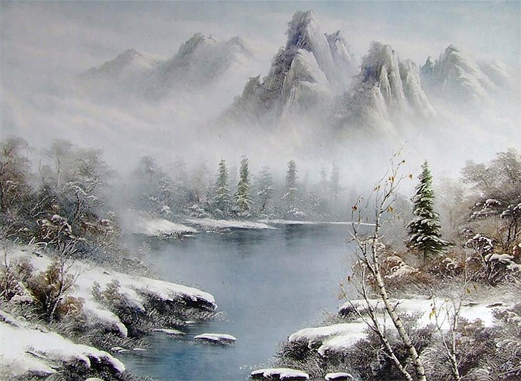 霧の中の湖と山 BR 風景油絵